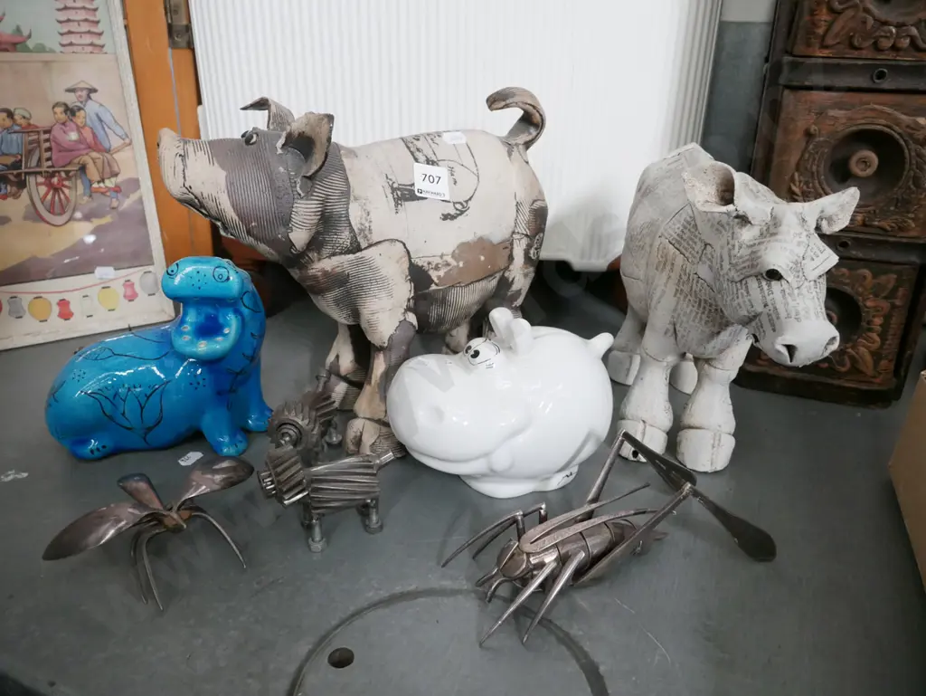 piggy bank,  metal animal sculptures,  ceramic pig and cow Image 1++