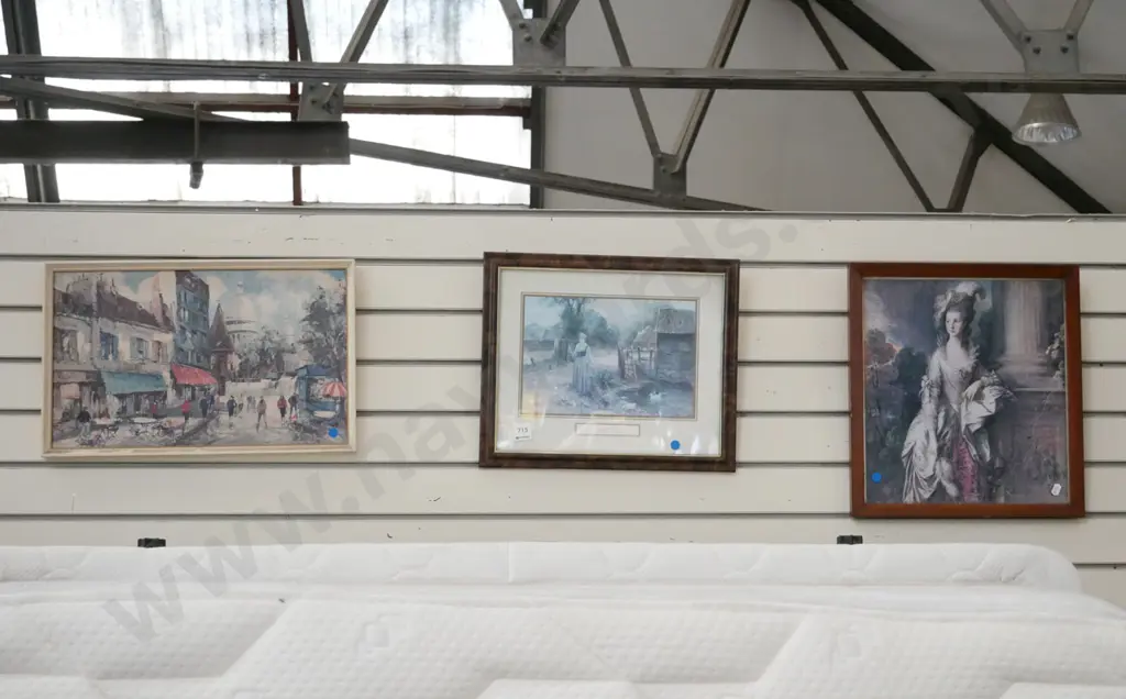 3x framed prints - cityscape, barnyard , portrait - blue dots Image 1++