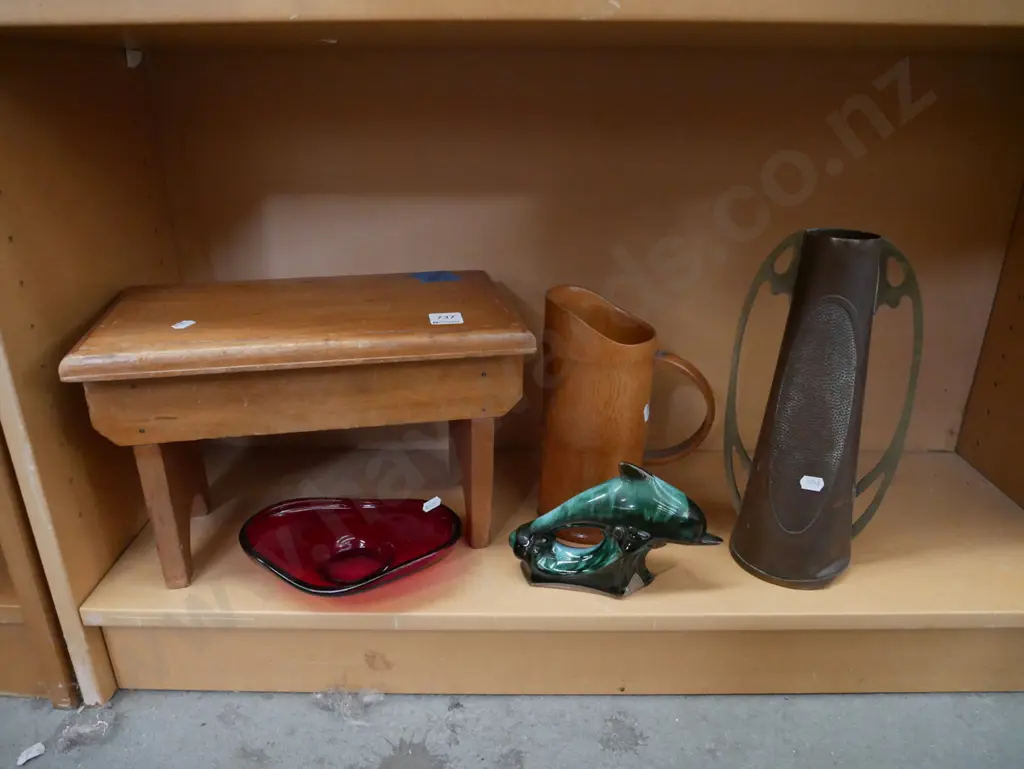 brass and copper art nouveau vase, small wooden stool etc Image 1++