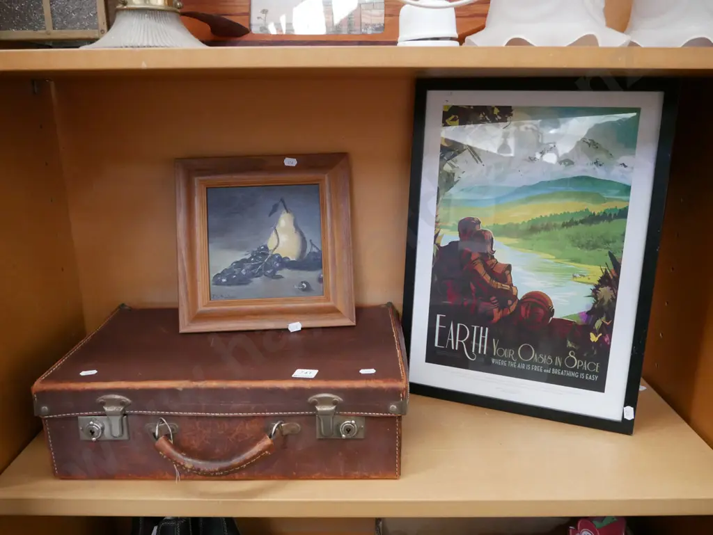 framed oil on board - still life, bullock hide suitcase, poster print -earth Image 1++