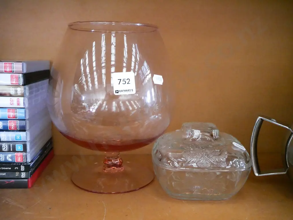 large coloured glass goblet, clear patterned glass cover dish Image 1++