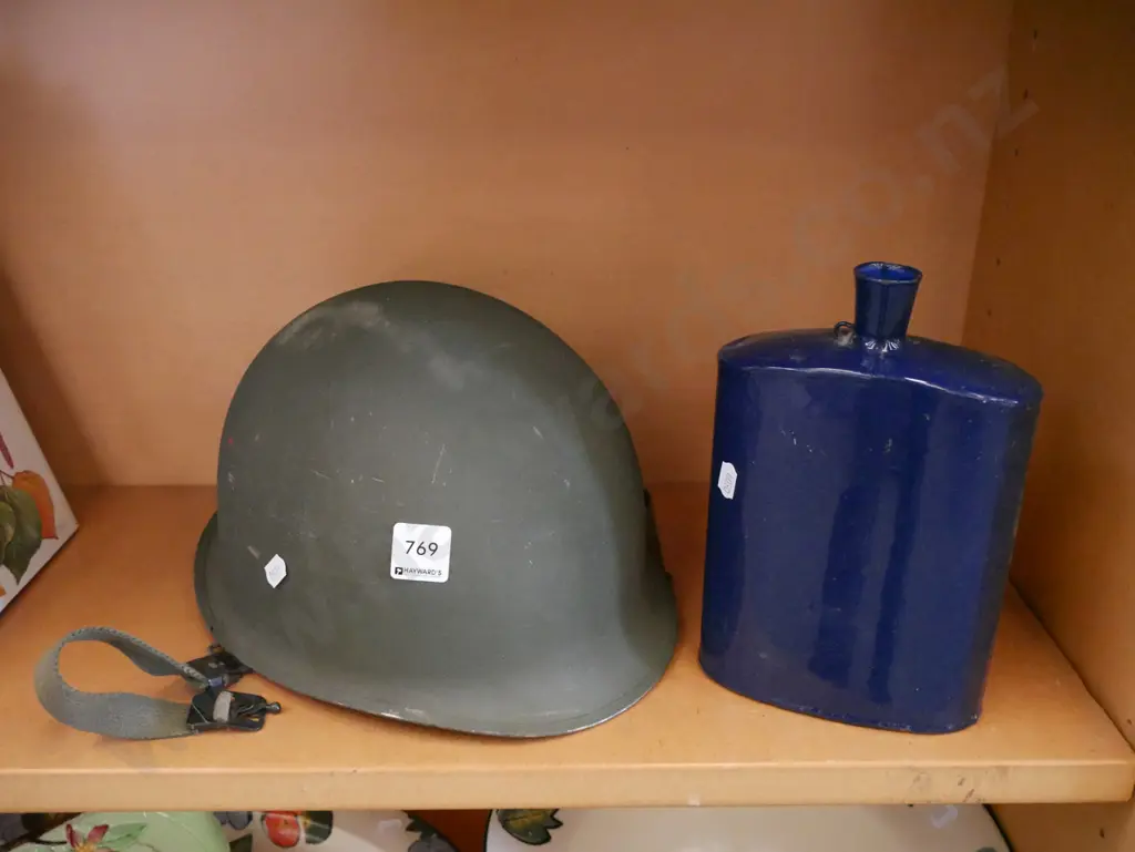 blue metal canteen, military helmet Image 1++