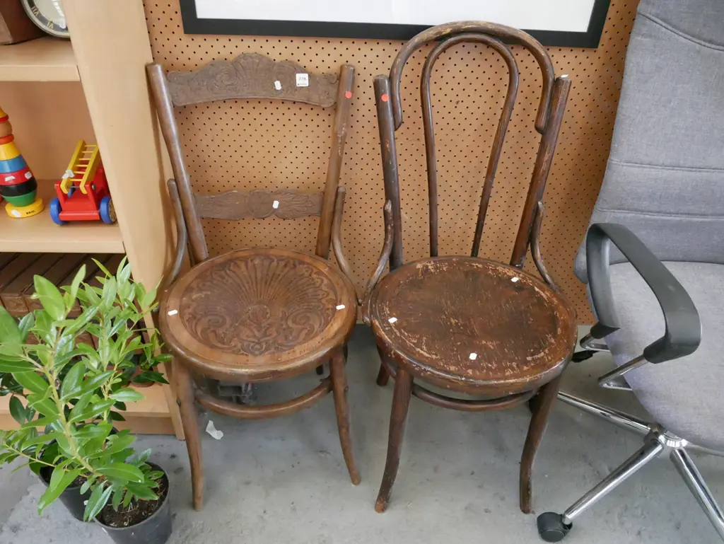 2x mismatched pressed wood dining chairs - red dots Image 1++