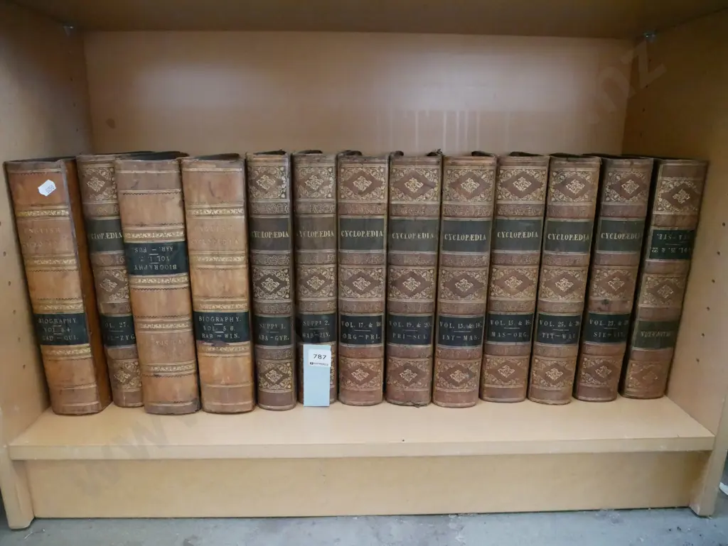 shelf of leather bound encyclopedias Image 1++