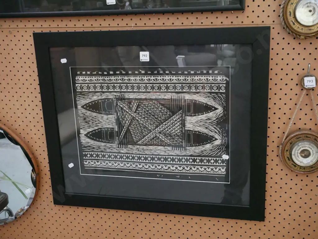 framed tapa cloth - canoe Image 1++
