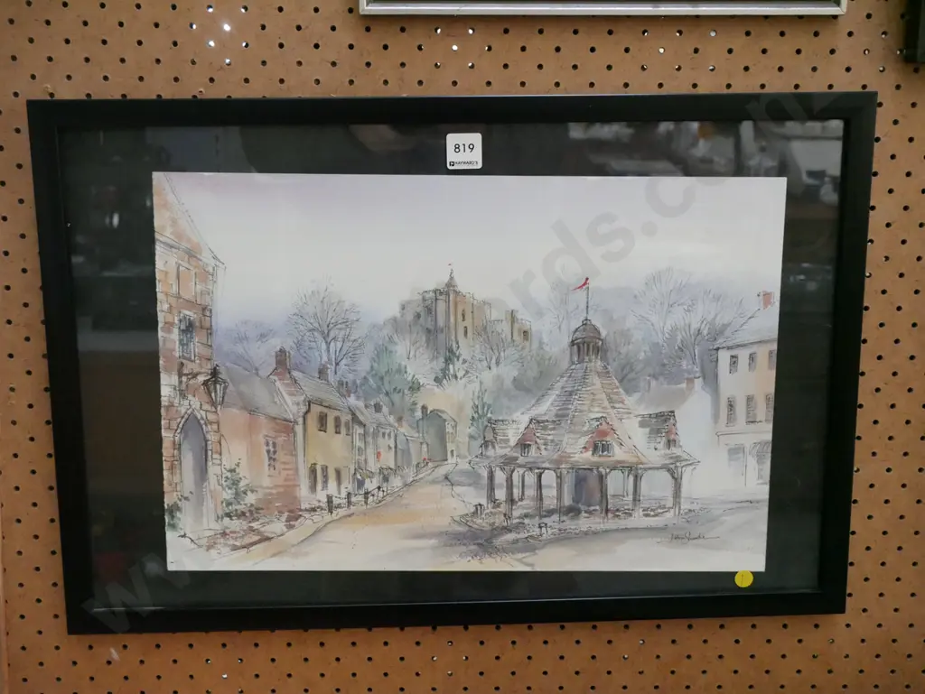 framed watercolour - street and castle scene  Image 1++