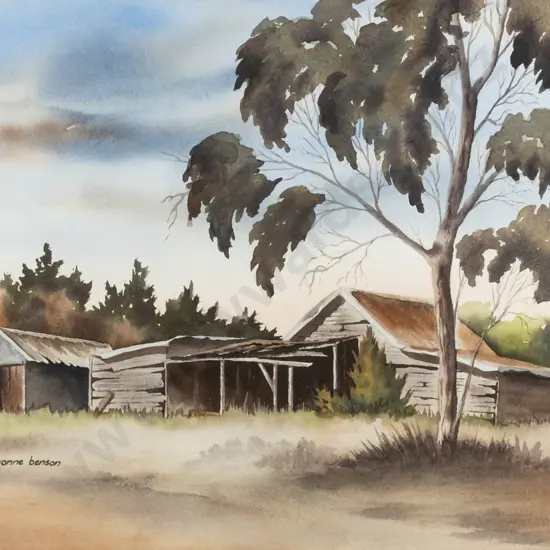 Yvonne Benson - watercolour "Old Building near Pukeuri North Otago" H-300 W-400