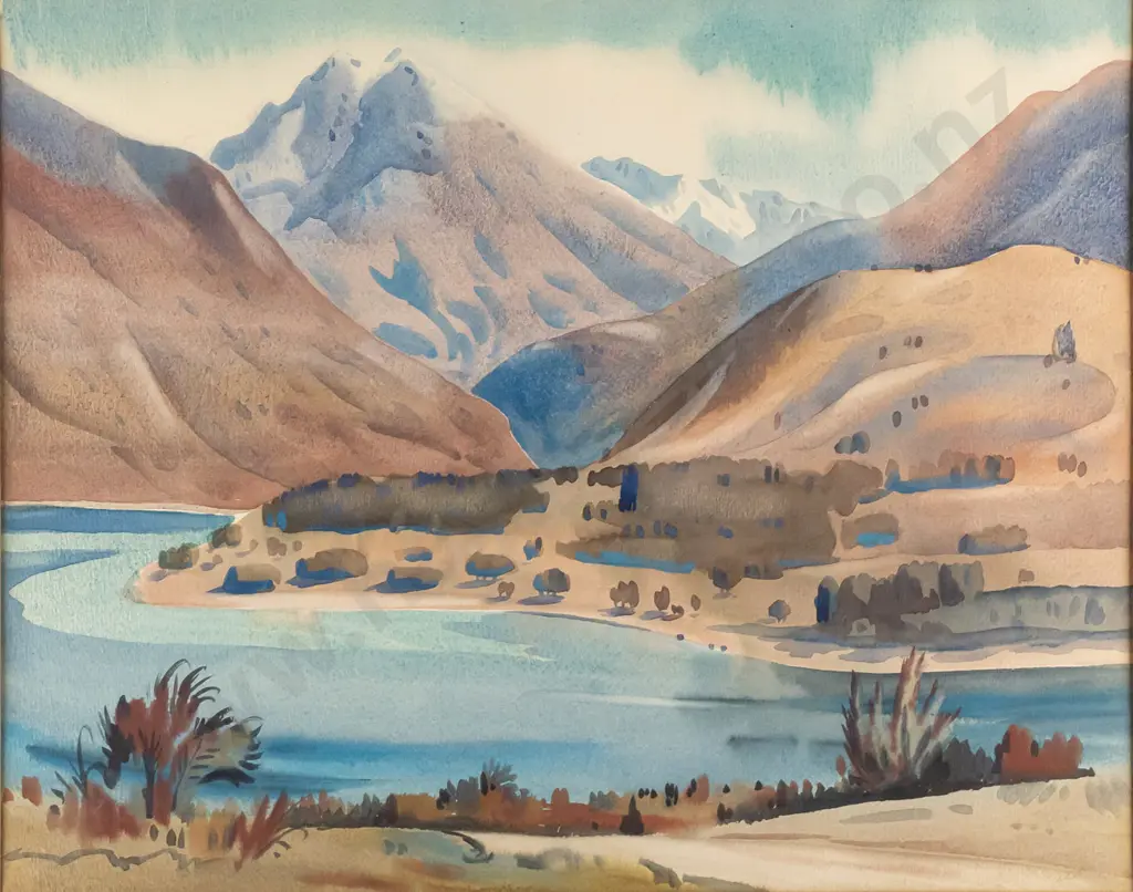 unsigned framed watercolour - lake and mountain scene H-430 W-530 Image 1++