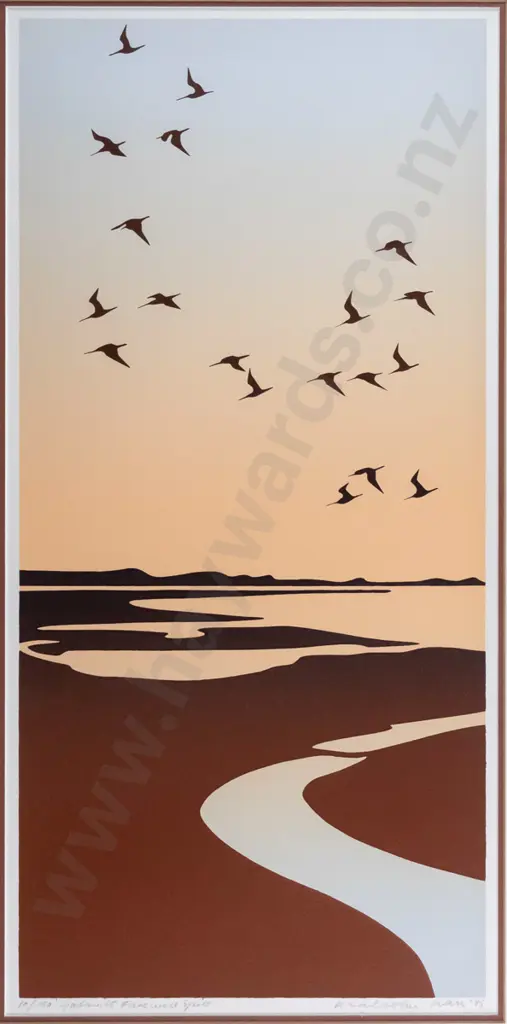 Malcolm Warr '85 - framed screenprint 10/150 "Godwits, Farewell Spit" H-510 W-250 Image 1++