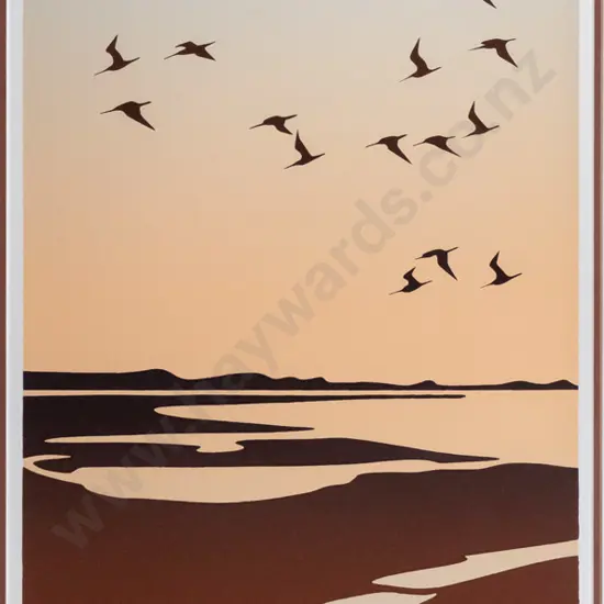 Malcolm Warr '85 - framed screenprint 10/150 "Godwits, Farewell Spit" H-510 W-250