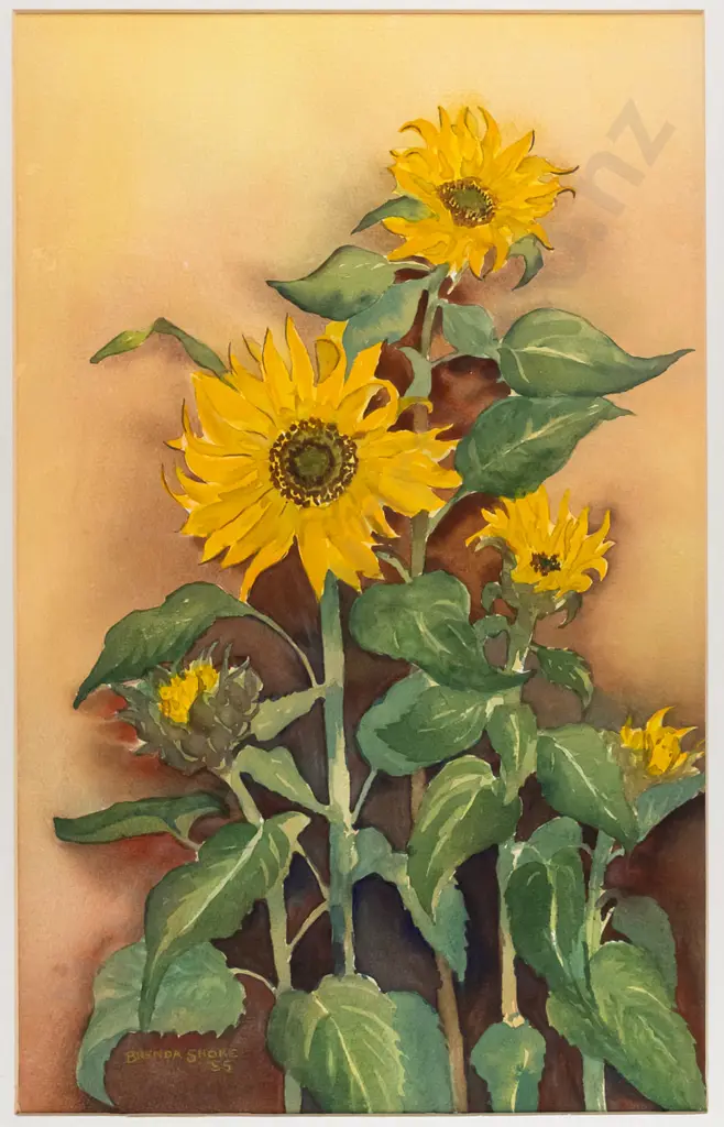 Brenda Shore 85, framed watercolour "Sunflowers" H-510 W-320 Image 1++