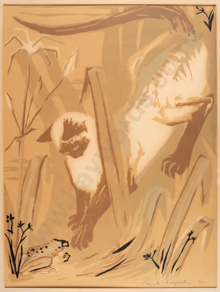 illegible signature 55, framed woodblock print -cat & frog H-490 W-370 frame needs attention Image 1++