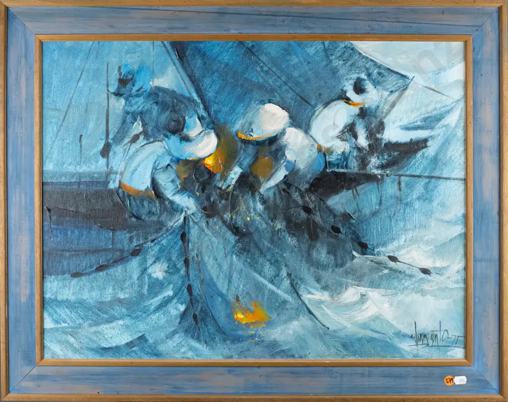 illegible signature '75 - framed mixed media - sailing boat H-460 W-590 Image 1++