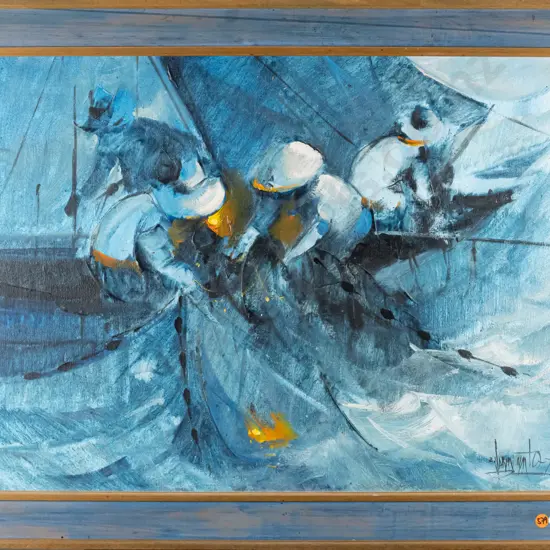 illegible signature '75 - framed mixed media - sailing boat H-460 W-590