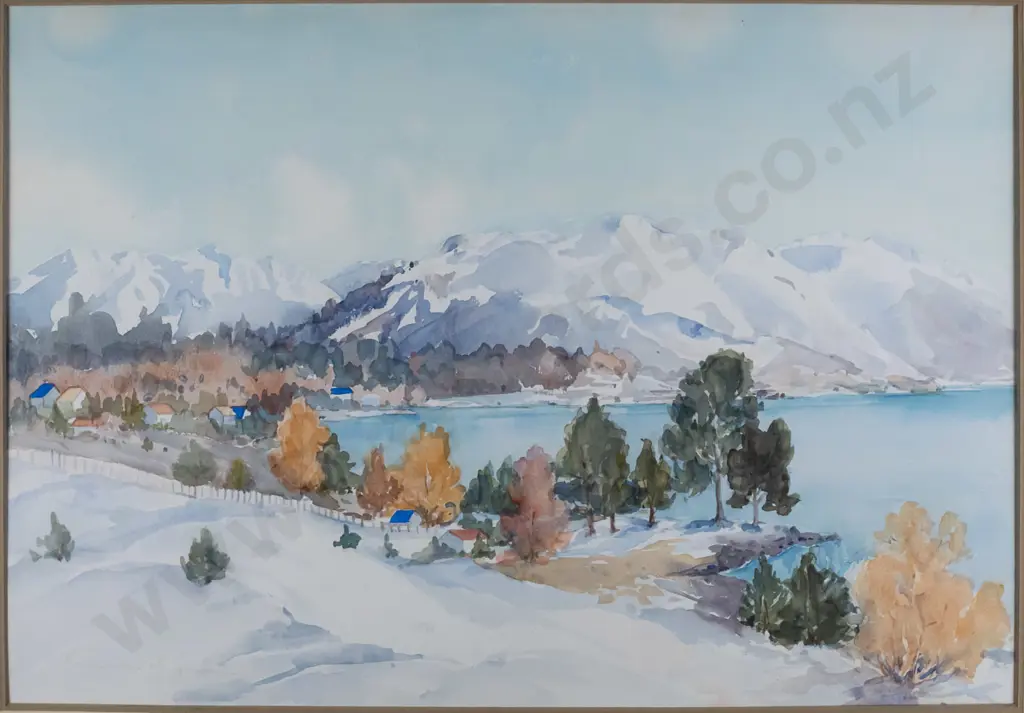 Kath von Tunzelmann - framed watercolour - lake, town & mountain scene  H-400 W-580 Image 1++
