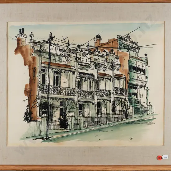unsigned ink and watercolour - terrace houses H-370 W-460