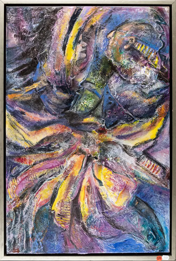 illegible signature, framed mixed media on canvas - flowers H-600 W-400 Image 1++