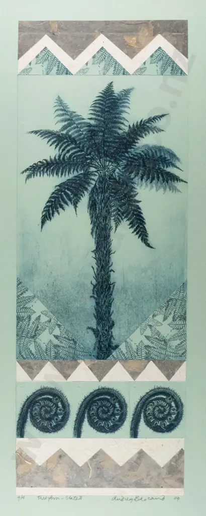 Audrey Bascand - framed mixed media ltd edition print 4/4 "Tree fern - State II" H-570 W-210 Image 1++