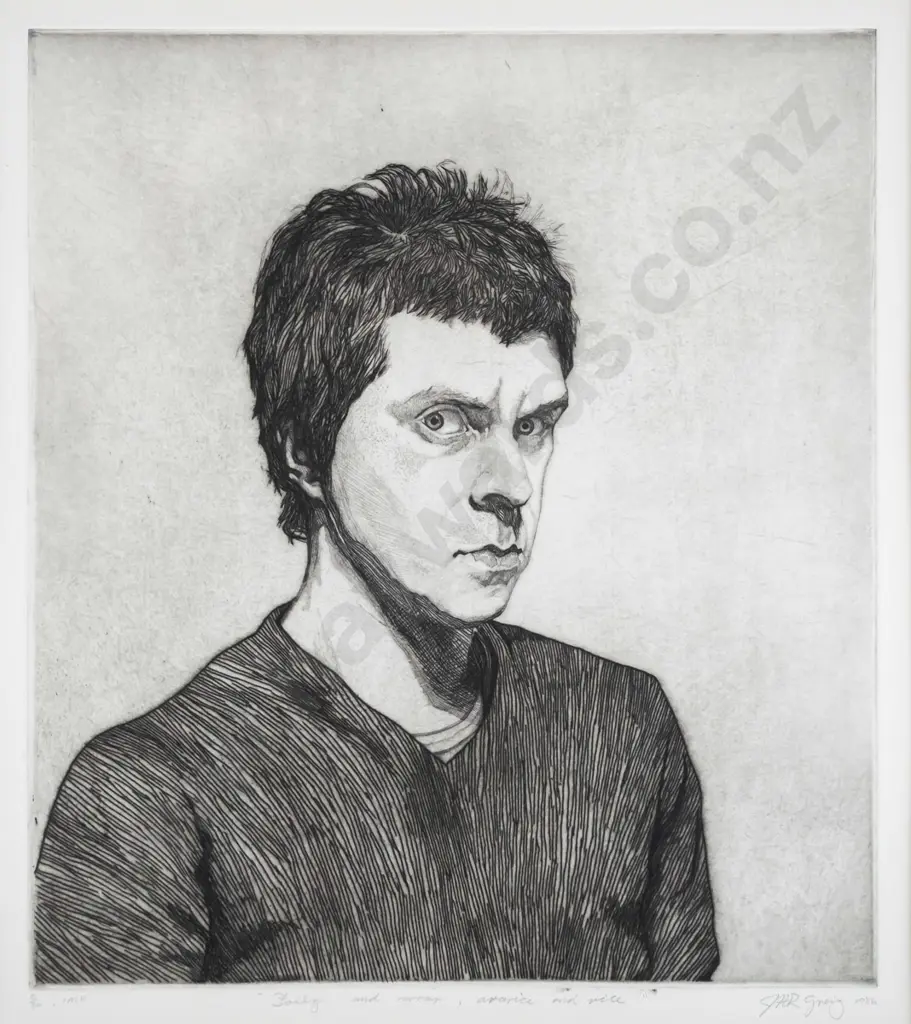 Jason Greig 1986 - framed etching 5/20 "Folly and error, avarice and vice" H-280 W-230 (mat framing needs attention) Image 1++