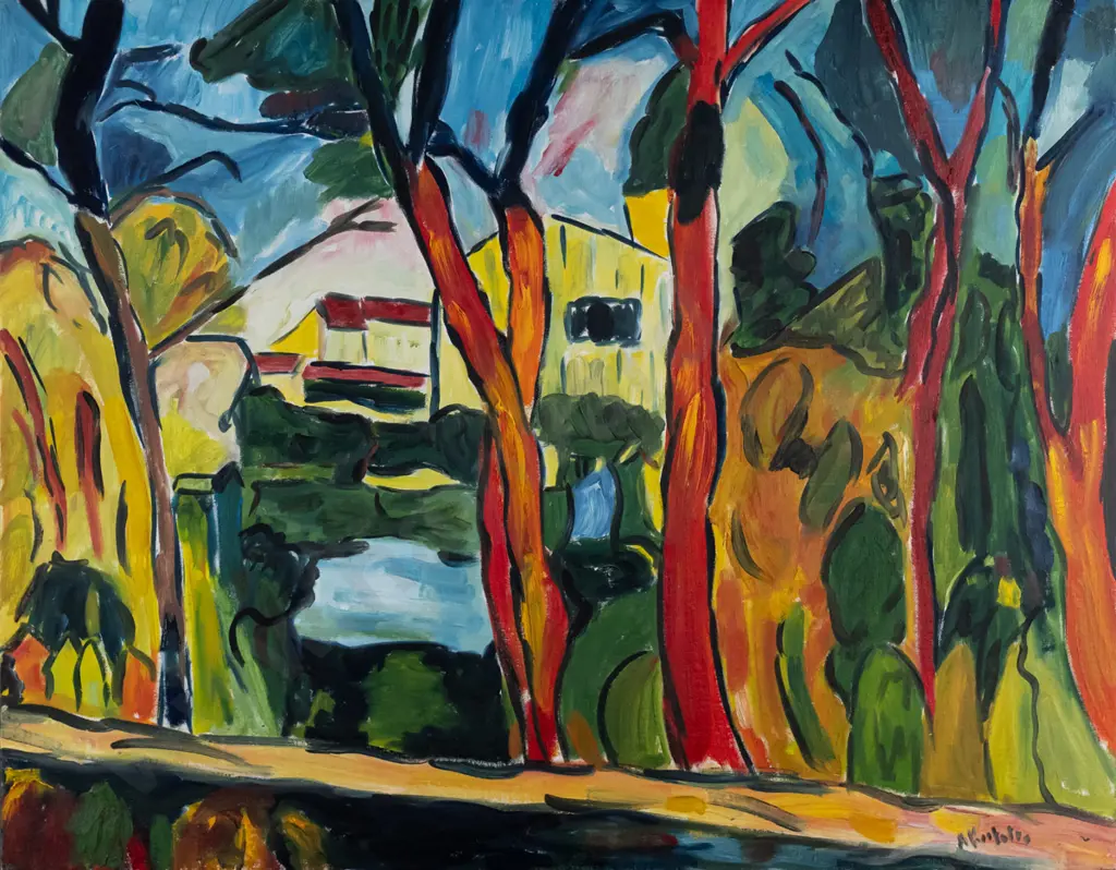 illegible signature, unframed oil on board, houses among trees H-560 W-710 Image 1++