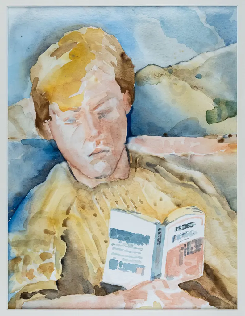 unsigned - framed watercolour - person reading book H-280 W-210 Image 1++