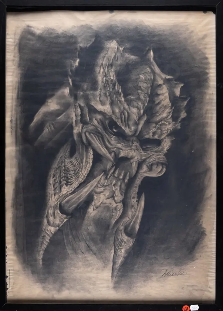 illegible signature - framed pencil- monster H-580 W-410 Image 1++