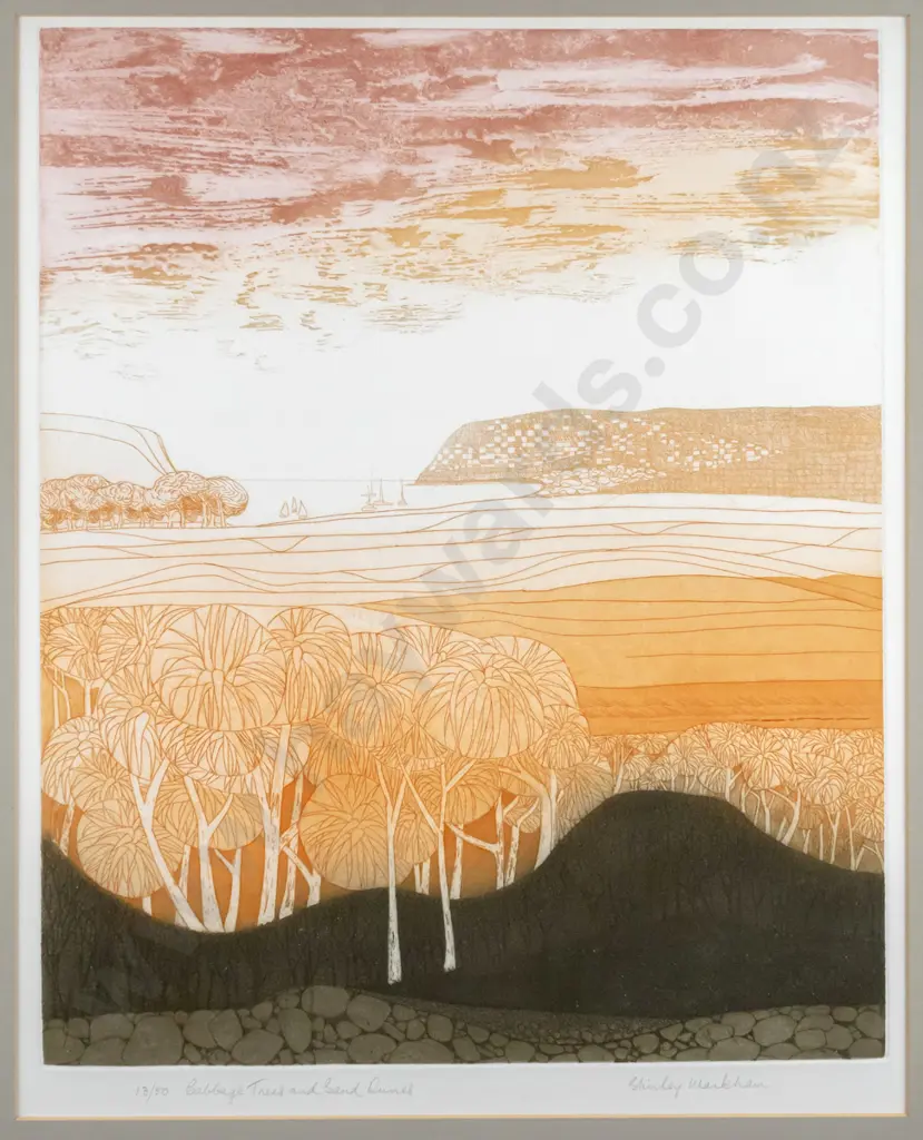 Shirley Markham - framed etching 13/50 "Cabbage Tress & sand dunes" H-410 W-320 Image 1++