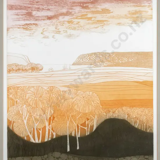 Shirley Markham - framed etching 13/50 "Cabbage Tress & sand dunes" H-410 W-320