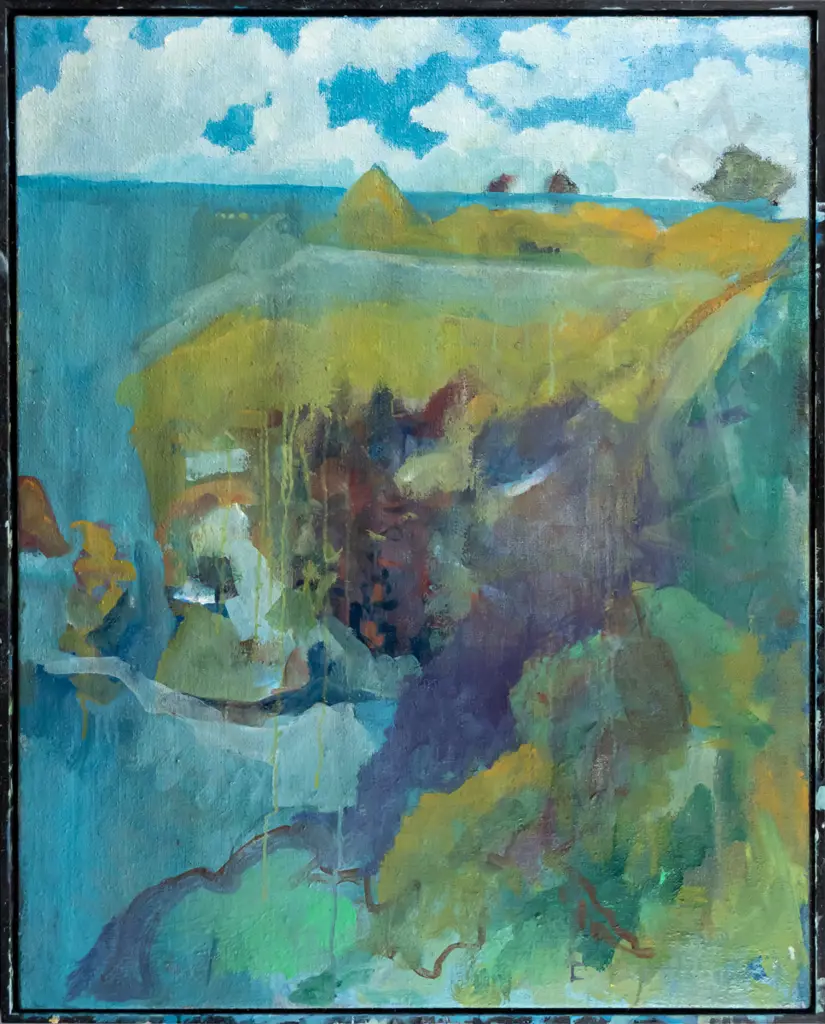 unsigned (Rodney Hamel?)  framed acrylic on hessian - landscape and coastal scene H-990 W-800 Image 1++
