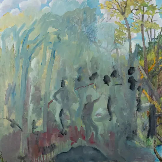 Rodney Hamel 2017 - boxed acrylic on hessian :Behind Larnach Castle" H-1010 W-1010