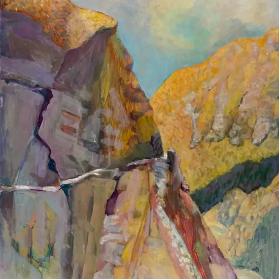 Rodney Hamel? unframed oil on card - road to Skippers Canyon  H-610 W-510