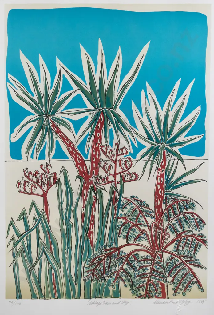Claudia Pond Eyley 1995 - framed screenprint 75/106 "Cabbage Trees and Sky" H-590 W-390 Image 1++