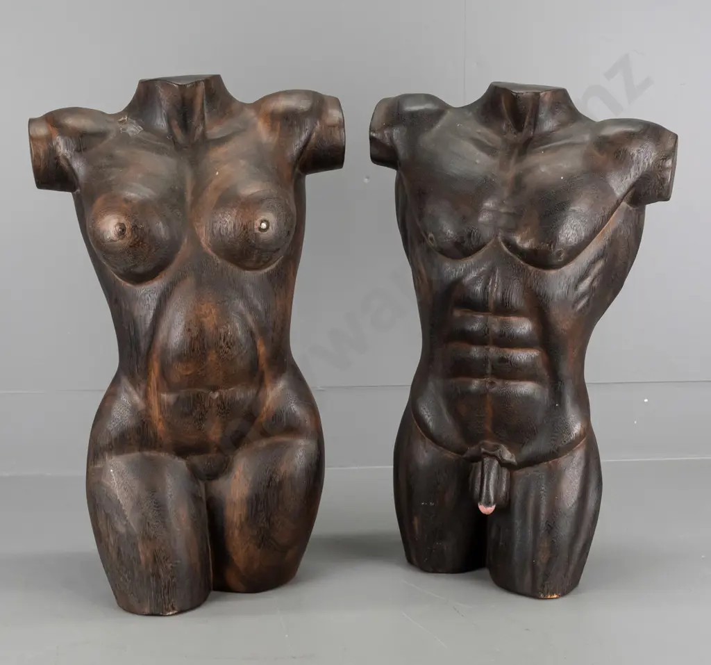 pair carved wooden male & female torsos H-500 Image 1++