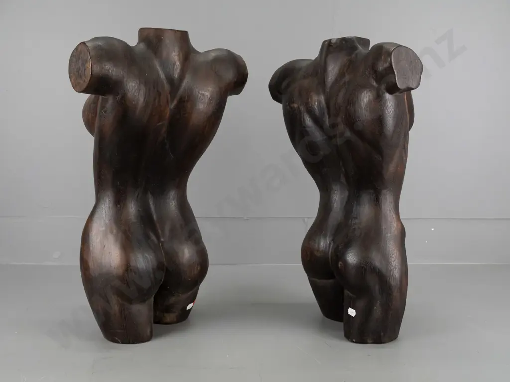 pair carved wooden male & female torsos H-500 Image 1++