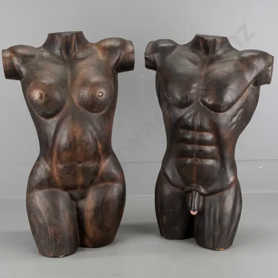 pair carved wooden male & female torsos H-500