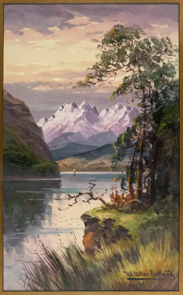 W Allen Bollard -framed oil -lake and mountain scene H-530 W-320 (mat needs attention) Image 1++