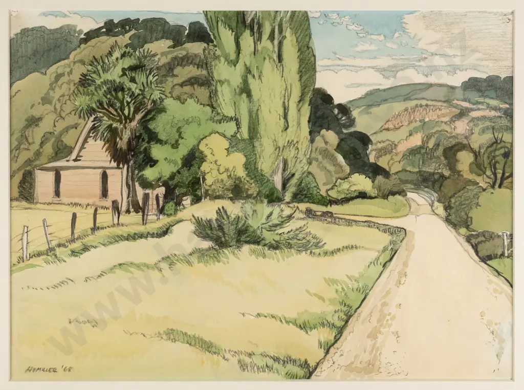 HV Miller '68 - framed watercolour and pencil - country scene Image 1++