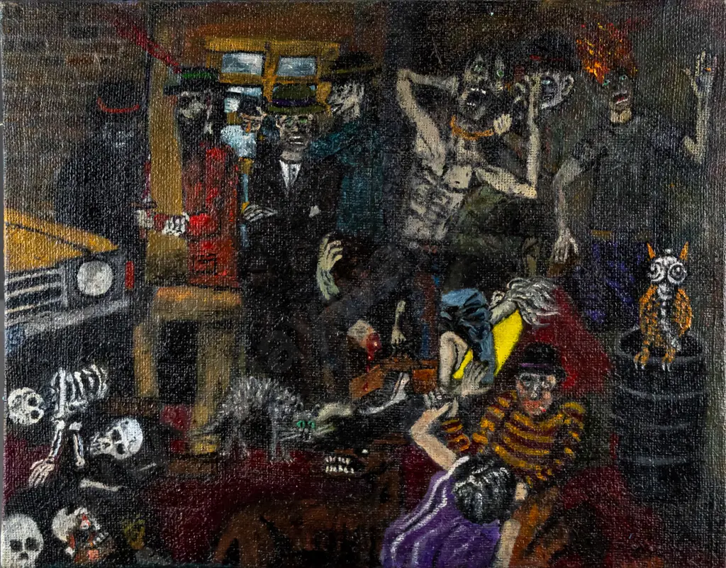 Rhys James Kelly - boxed oil on hessian "The Mystery arm falling" H-400 W-500 Image 1++