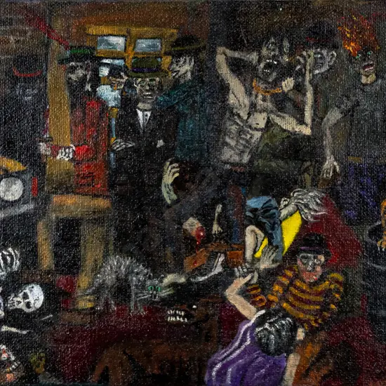 Rhys James Kelly - boxed oil on hessian "The Mystery arm falling" H-400 W-500