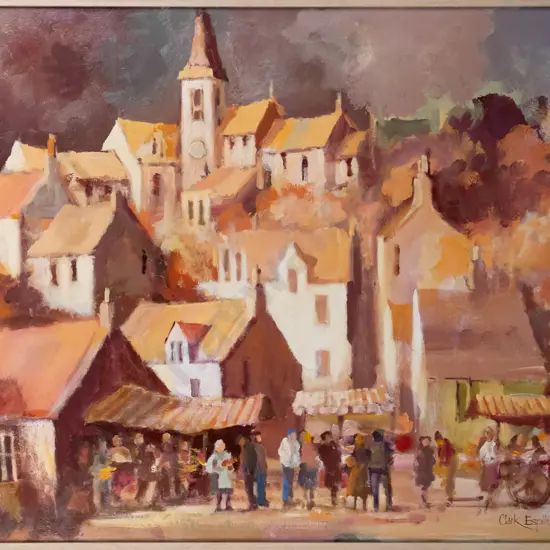 Clark Esplin - framed oil on board "Flower Market" H-580 W-780