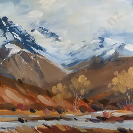 Tony Stanford Shields - boxed oil on canvas - river and mountain scene H-390 W-610