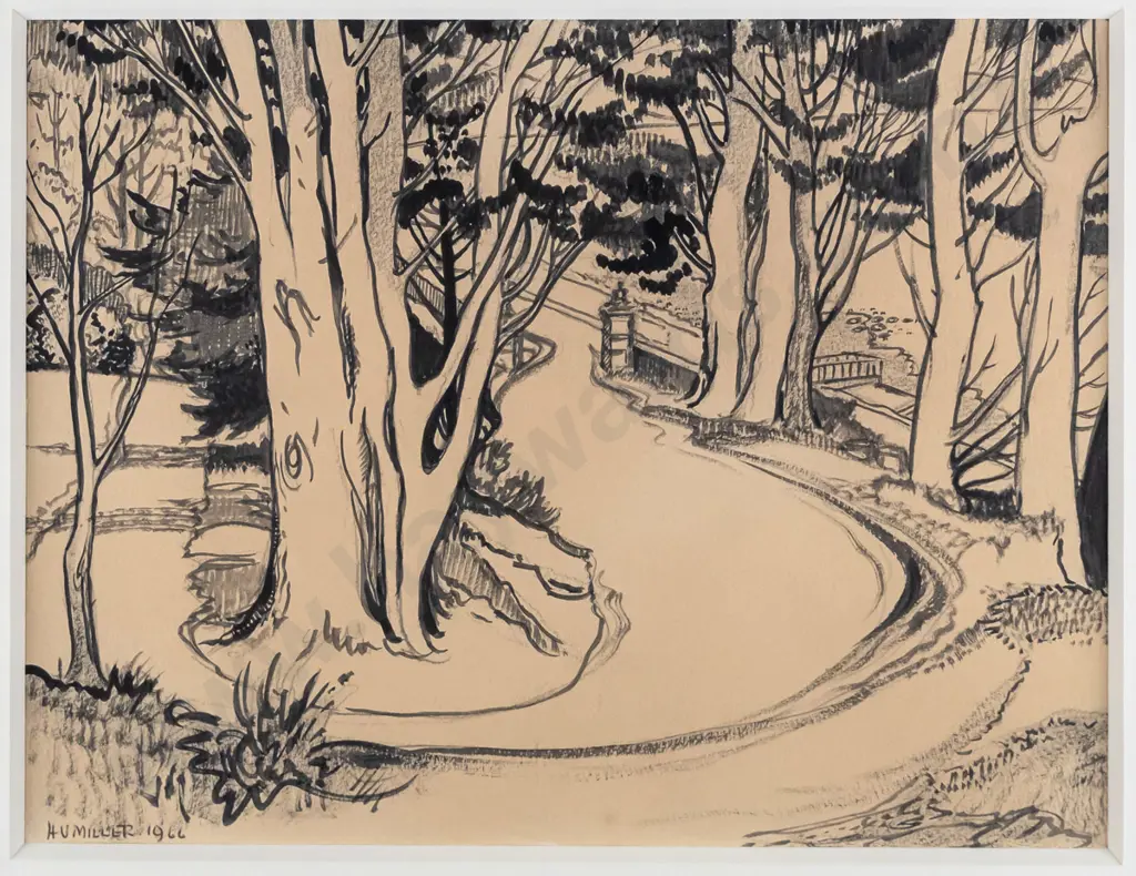 HV Miller 1966 - framed ink and watercolour driveway tree scene H-220 W-280 Image 1++
