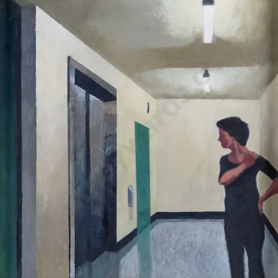 Duncan West 2012 - framed acrylic "Figure at Elevator" H-290 w-290