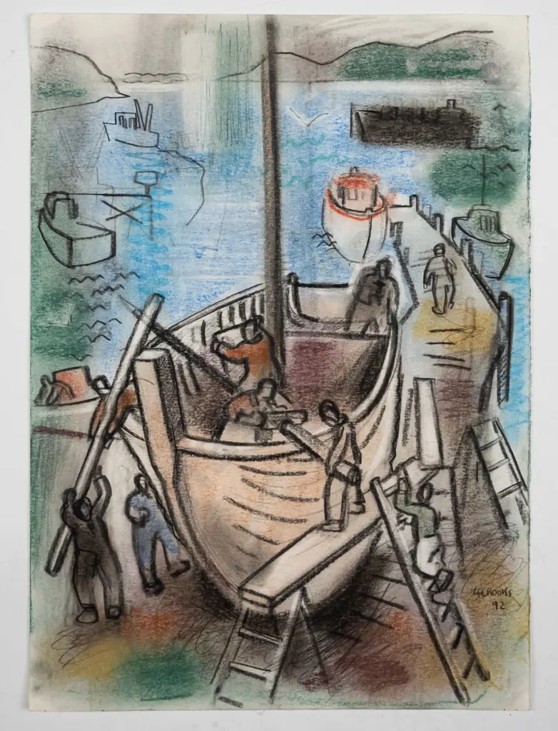 Lindsay Crooks '92 unframed pastel on paper - boat scene H-330 W-240 Image 1++