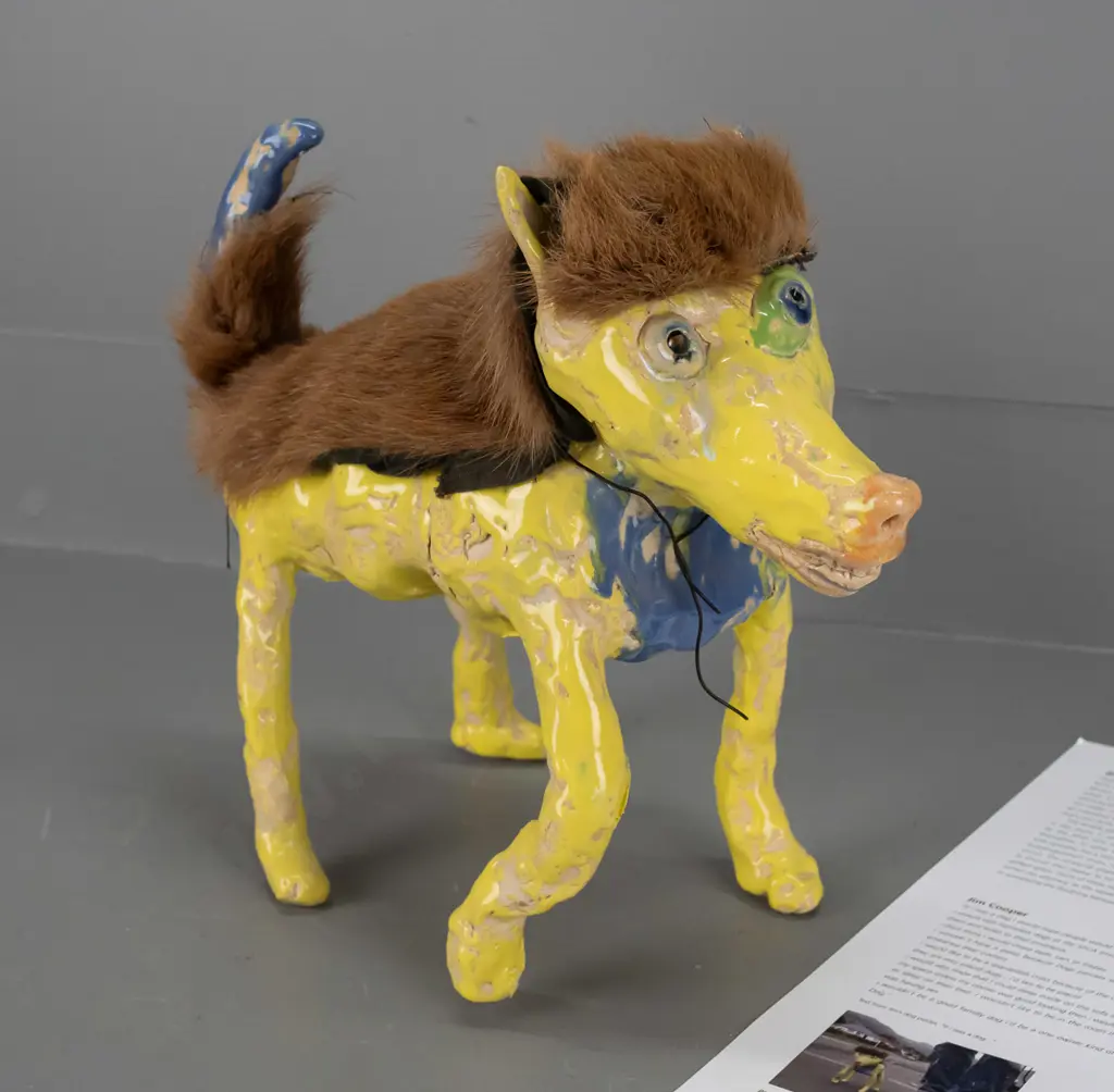 Jim Cooper - yellow ceramic dog with fur coat & additional card  - Dog height 270 length 310 Image 1++