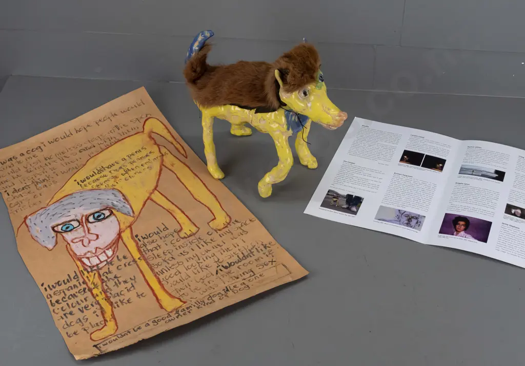 Jim Cooper - yellow ceramic dog with fur coat & additional card  - Dog height 270 length 310 Image 1++