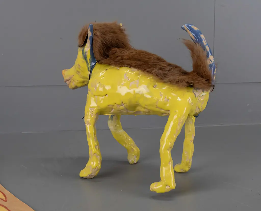 Jim Cooper - yellow ceramic dog with fur coat & additional card  - Dog height 270 length 310 Image 1++