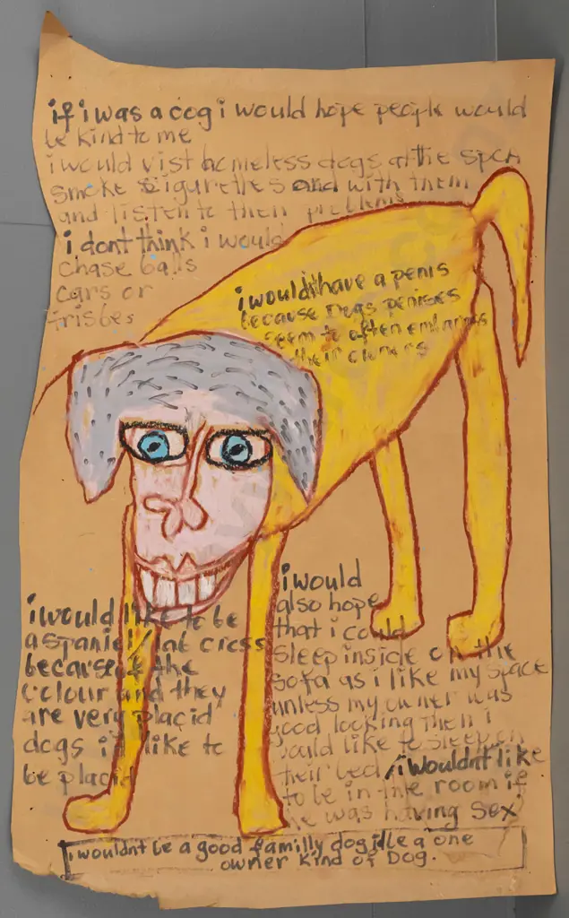 Jim Cooper - yellow ceramic dog with fur coat & additional card  - Dog height 270 length 310 Image 1++