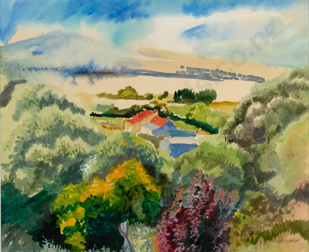 Els Noordhof 1978 - framed watercolour "Waitati Farm" H-250 W-310 Image 1++