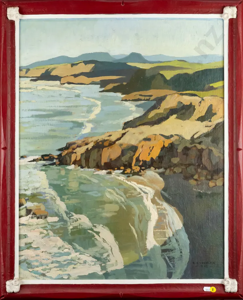 Colin Wheeler 1962 - framed oil "Otago Coastline"  H-600 W-480 Image 1++